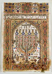 Shiviti, eine dekorative Tafel an der Ostwand einer Synagoge, um die Gebetsrichtung nach Jerusalem anzuzeigen (Aquarell, Blattgold und Goldpulver)