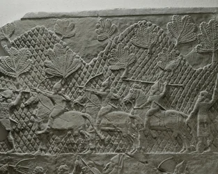 Die assyrische Armee von König Ashurbanipal in der Schlacht während des Feldzugs gegen Elam