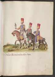 Der Hof eines Paschas und Sultans: Drei Knappen zu Pferd, zwei mit Falken