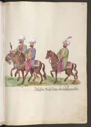 Der Hof eines Paschas und Sultans: zwei Kammerherren zu Pferd, einer mit einem Falken