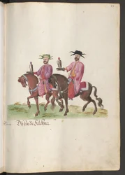 Der Hof eines Paschas: zwei Falkner zu Pferd