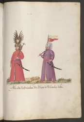 Zwei türkische Grenzsoldaten mit Kopfschmuck, Streitäxten und Säbeln.