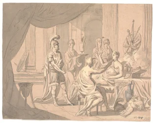 Antike Szene. Eine vornehme Dame wird von anderen Damen vor einem helmbehelmten Krieger geschmückt