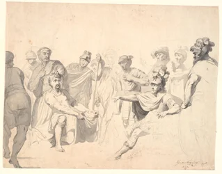 Ein Krieger zeigt einem Feldherrn einen abgeschlagenen Kopf, während andere Krieger zusehen