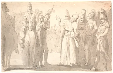 Figürliche Szene mit einem heiligen, gehörnten Mann unter römischen Soldaten