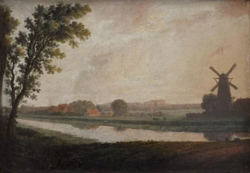 Landschaft außerhalb von Kopenhagen mit der Frederiksberg Kirche und dem Schloss in der Ferne