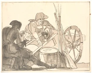 Zwei Soldaten spielen Karten bei einer Kanone