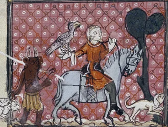 Roy 19 C I. Folio Nr. 204 Die Sünde der weltlichen Eitelkeiten: Ein Reiter mit seinem Falken und Hund wird von einem Teufel angesprochen. Eine von einer Reihe, die die Versuchungen illustriert, aus Gedichten von Matfre Ermengau, ca. 1300-1320