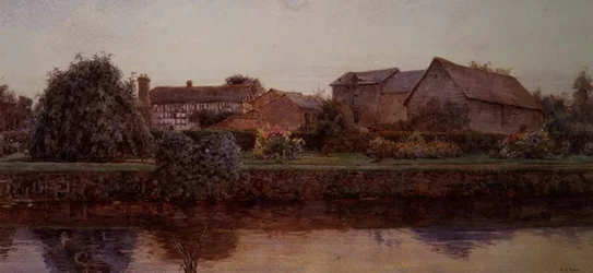 Ein Haus und Bauerngebäude an einem Fluss