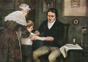 Dr. Edward Jenner (1749-1823) führt am achtjährigen James Phipps seine erste Pockenimpfung durch, 14. Mai