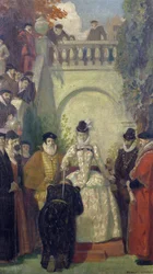 Königin Elisabeth I. schlägt Sir John Young auf den Stufen seines Anwesens, The Great House, Bristol, 1910-20 zum Ritter