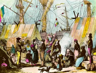 Familien von Auswanderern, die im Hafen von Le Havre kampieren. Gravur von Ernest Charton (1813-1905)