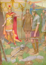 Der Jüngling legte die Waffen, die er seinem Feind abgenommen hatte, zu Füßen seines Vaters