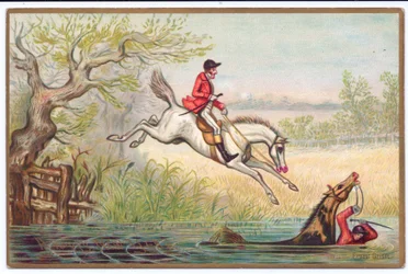 Viktorianische Neujahrskarte von einer Fuchsjagd mit einem Jäger und seinem Pferd, die in den Fluss fallen, ca. 1880