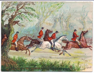 Viktorianische Grußkarte von Fuchsjägern, die vorbeirennen, während sich der Fuchs in einem Baum versteckt, ca. 1880