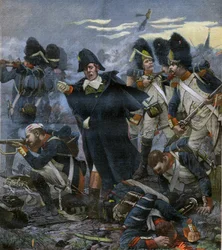 General Pierre Cambronne (1770-1842) neben seinen Truppen in der Schlacht von Waterloo - Gravur nach Delahaye, Ernest Jean (1855-1921)
