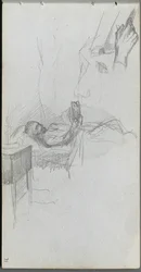 Skizzenbuch, Seite 71: Studie einer Figur, die im Bett liest, Studie einer Hand