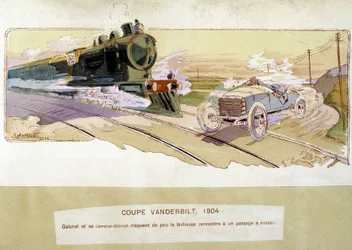 Rennen: der Vanderbilt Cup im Jahr 1904, Zeichnung von Ernest Montaut (1878-1909)