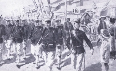 Japaner marschieren durch Tokio, Illustration aus Cassells Geschichte des Russisch-Japanischen Krieges Band 1, ca. 1900