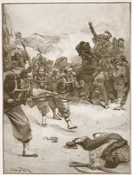 Die Zouaven eroberten eine der Barrikaden durch einen kühnen Bajonettangriff, Illustration aus 