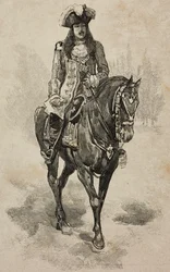 Graf von Turin Vittorio Emanuele von Savoyen im Kostüm von Vittorio Amedeo II. von Savoyen beim Turnier in der Villa Borghese anlässlich der Silberhochzeit von Umberto I. und Margherita von Savoyen, Rom, Italien