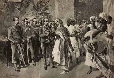 General Tancredi Saletta bietet Kantibai, dem Häuptling von Abab, Massawa, Eritreischer Krieg, ein Schwert an, Gravur von Ernesto Mancastroppa nach einer Zeichnung von G Amato, aus L