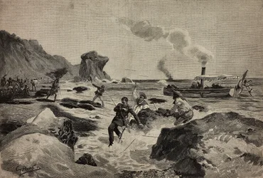 Tötung von Leutnant Carlo Zavagli (1867-1890) in Warsheikh, Somalia, 24. April, Gravur von Ernesto Mancastropa nach einer Zeichnung von Gennaro Amato, aus L