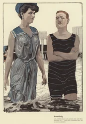 Mann und seine verheiratete Geliebte beim Baden (Farblithographie)