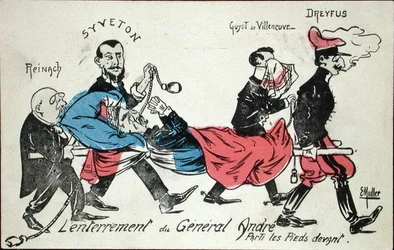 Beerdigung von General Andre, durchgeführt von Joseph Reinach (1856-1921), Gabriel Syveton (1864-1904), Guyot de Villeneuve und Alfred Dreyfus (1855-1935) 1913