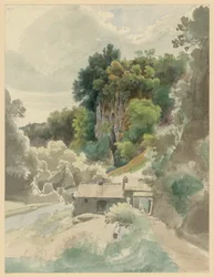 Fels- und Flusstal mit Gebäude bei Civita Castellana