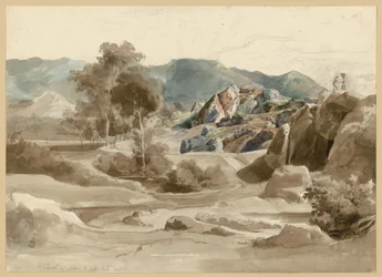 Italienische Landschaft mit Bach, Bäumen und einem Haus am Weg und zerklüfteter Felspartie. Kamel bei Sora