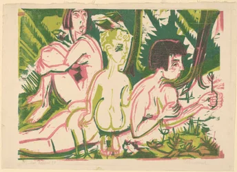 Nackte Frauen mit einem Kind im Wald, 1925