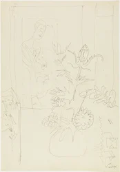 Interieur mit Blumenvase, Frau und Katze