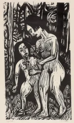 Zwei nackte Mädchen mit Blumen im Walde