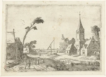 Dorfszene mit Bauernhöfen, Kirche und Brunnen (Liegende Landschaften)