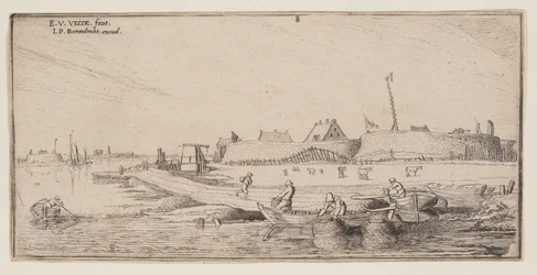 Fischer in Ruderbooten vor einer ummauerten Stadt, aus Landschaften