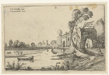 Landschaft mit einem Fluss und Torbau
