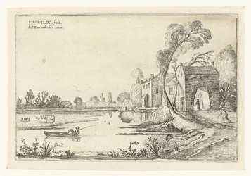 Landschaft mit einem Fluss und einem Torhaus