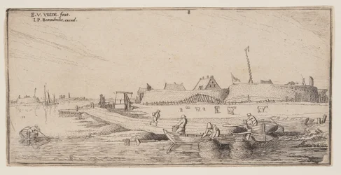 Fischer in Ruderbooten vor einer ummauerten Stadt, aus Landschaften