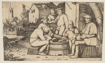 Sechs Bauern benutzen ein Fass als Tisch