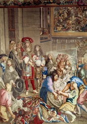Besuch von Ludwig XIV. in der Gobelins-Manufaktur in Anwesenheit von Jean-Baptiste Colbert (im Profil, rechts vom König) und dem Maler Charles Lebrun, 15. Oktober
