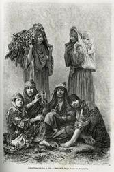 Araber Ghawarineh, Nomaden aus dem Becken des Toten Meeres. Gravur von E. Ronjat, zur Illustration der Geschichte von Syrien heute von M. Lortet, Dekan der Medizinischen Fakultät von Lyon, beauftragt mit einer wissenschaftlichen Mission durch das Ministeri
