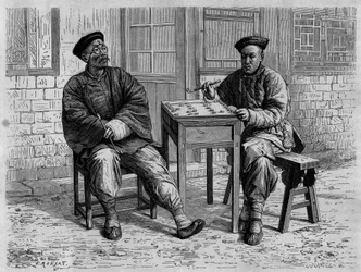 Go-Spieler in den Straßen von Peking (Beijing) im 19. Jahrhundert. Gravur nach einer Zeichnung von Ronjat, nach einem Foto von Doktor Morache, in "Le Tour du Monde, Nouveau journal des Voyages", herausgegeben von Edouard Charton, Paris