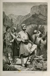 Griechische Banditen und Hirten, Komplizen in den Bergen, Zeichnung von E. Ronjat, zur Illustration der Geschichte von Henri Belle: Reise nach Griechenland