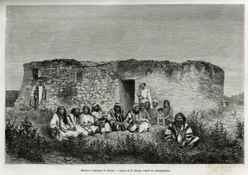 Häuser und Bewohner von Jericho (Westjordanland). Gravur von E. Ronjat, zur Illustration der Geschichte Syrien heute, von M. Lortet, Dekan der Medizinischen Fakultät von Lyon, beauftragt mit einer wissenschaftlichen Mission durch das Bildungsministerium, v