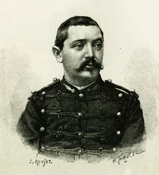 Porträt von Kapitän Pietri, der Marineartillerie, während der Expedition nach Afrika 1879-1882, unter dem Kommando von Gallieni. Gravur von E. Ronjat, nach einem Foto, zur Illustration der Geschichte „Exploration du Haut Niger (Oberer Niger)“ (heutiges Mal