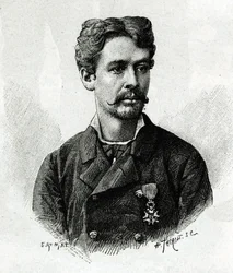 Porträt von Doktor Tautain, während der Expedition nach Afrika 1879-1882, unter dem Kommando von Gallieni. Gravur von E. Ronjat, nach einem Foto, zur Illustration der Geschichte „Exploration des oberen Niger“ (heutiges Mali) von Kommandant Joseph Gallieni