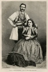 Porträts des Prinzen von Montenegro Nikolaus I. Petrovicz Niegosch (1841-1921) und seiner Frau Milena, geb. Voukovich (1847-1923), Zeichnung von E. Ronjat, zur Illustration der Reise nach Montenegro, 1874, von Charles Yriarte (1832-1898). Gravur in Le tour