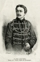 Prinz Andre Dadian von Mingrelien (1850-1910), General der russischen Armee und Schachmeister. Gravur von E. Ronjat, um die Geschichte Un tour en Mingrelie (Region Georgien, zwischen dem Kaukasus und dem Rion) von Carla Serena in 1876-1877 zu illustrieren