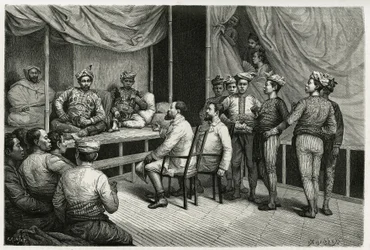 Empfang der Reisenden im Palast des Sultans von Soulou (oder Sulu) (Archipel der Philippinen), Mohammed Yamalul Alam. Gravur von E. Ronjat, zur Illustration der Geschichte 